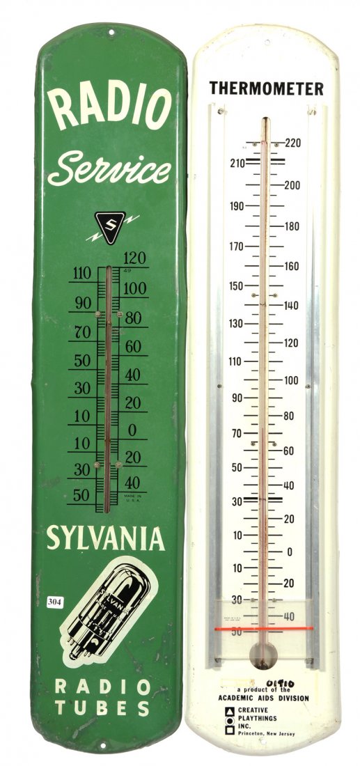 (2) VINTAGE TIN ADVERTISING THERMOMETERS: (2) VINTAGE TIN ADVERTISING THERMOMETERS (1) 38 1/2" SYLVANIA RADIO TUBES - (1) 38 1/2" CREATIVE PLAYTHINGS - 85 - 95% CONDITION