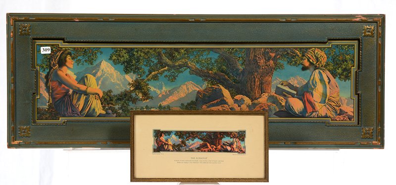 ORIGINAL 8 1/2" X 30 1/2" MAXFIELD PARRISH LITHOGRAPH: ORIGINAL 8 1/2" X 30 1/2" MAXFIELD PARRISH LITHOGRAPH TITLED "THE RUBAIYAT" SET IN ORIGINAL 12 1/2" X 34 1/2' FRAME - FRAME HAS SOME WEAR - SELLS WITH SMALL "RUBAIYAT" PRINT WITH VERSE IN 6 1/2" X 12