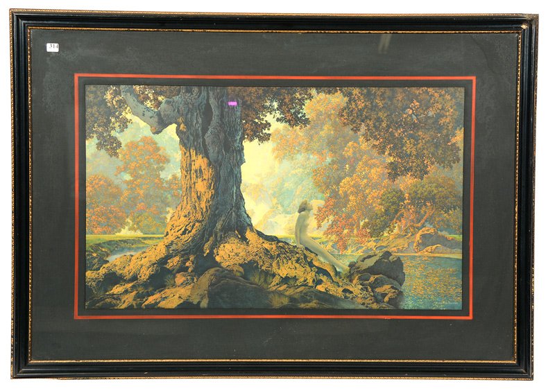 19" X 31" MAXFIELD PARRISH FRAMED LITHOGRAPH TITLED: 19" X 31" MAXFIELD PARRISH FRAMED LITHOGRAPH TITLED "DREAMING" SET IN 29" X 41" MATTED FRAME