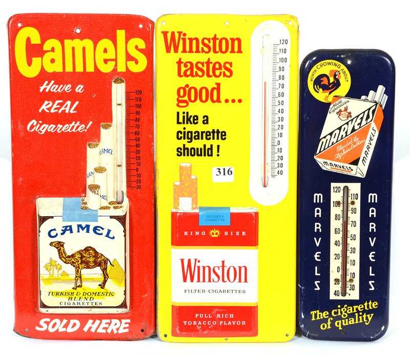 (3) VINTAGE TIN CIGARETTE ADVERTISING THERMOMETERS: (3) VINTAGE TIN CIGARETTE ADVERTISING THERMOMETERS (1) 12" MARVELS - (1) 13 1/2" CAMELS - (1) 13 1/2" WINSTON - CONDITION IS 90%