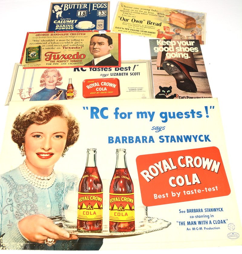 (6) ASSORTED VINTAGE CARDBOARD ADVERTISING ITEMS: (6) ASSORTED VINTAGE CARDBOARD ADVERTISING ITEMS SIZES RANGE FROM 11" X 14" TO 26" X 39" - INCLUDES CALUMET BAKING POWDER - NEW ENGLAND STEAM BAKERY - CATS PAW SOLES & HEELS - TUXEDO TOBACCO - (2) ROY
