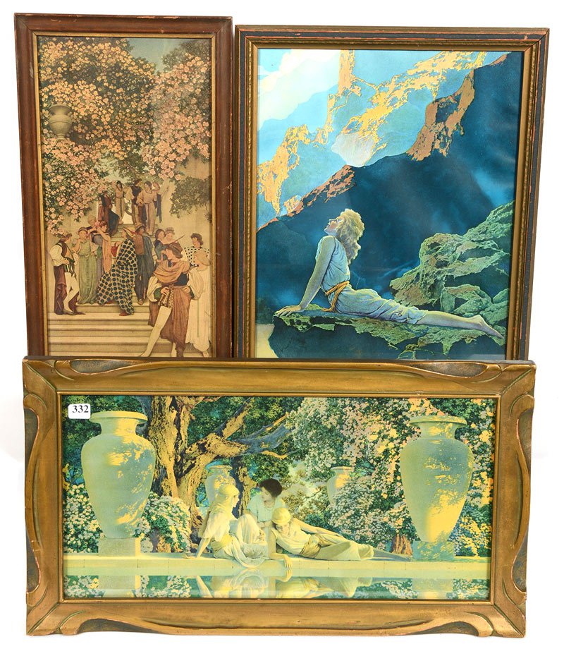 (3) VINTAGE MAXFIELD PARRISH FRAMED LITHOGRAPHS: (3) VINTAGE MAXFIELD PARRISH FRAMED LITHOGRAPHS (1) 16 1/2" X 13 1/2" WILD GEESE - (1) 17" X 9 1/4" UNMARKED SCENE OF JESTERS IN COURTYARD - (1) GARDEN OF ALLAH