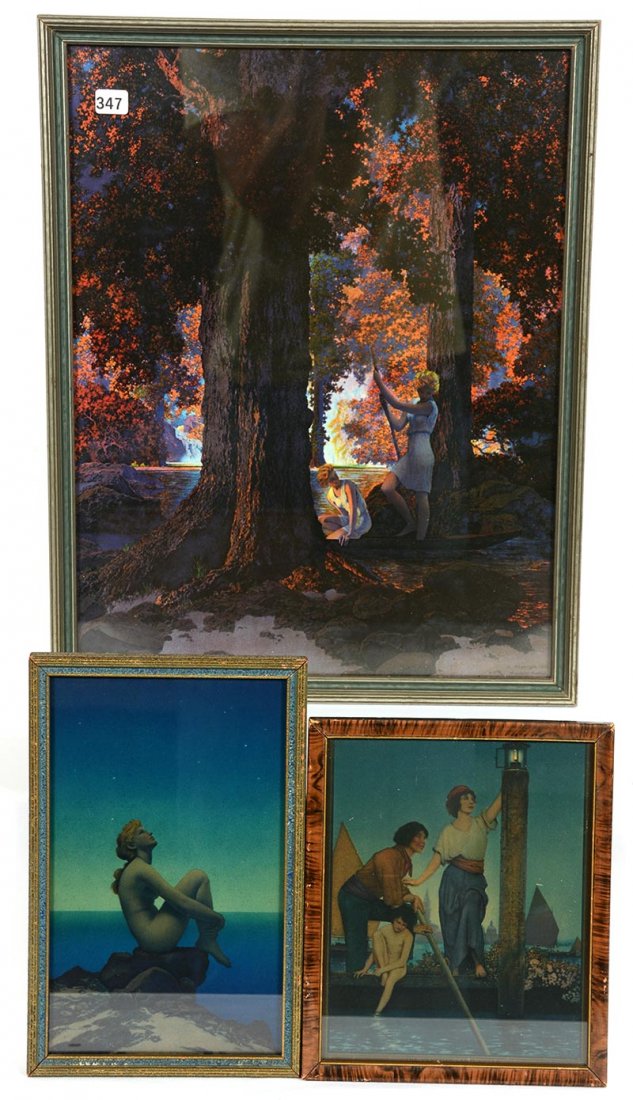 (3) VINTAGE MAXFIELD PARRISH FRAMED PRINTS: (3) VINTAGE MAXFIELD PARRISH FRAMED PRINTS (1) 9 1/4" X 7 3/4" VENETIAN LAMPLIGHTER - (1) 10 3/4" X 7" STARS PRINT - (1) 19" X 15" GOLDEN HOURS