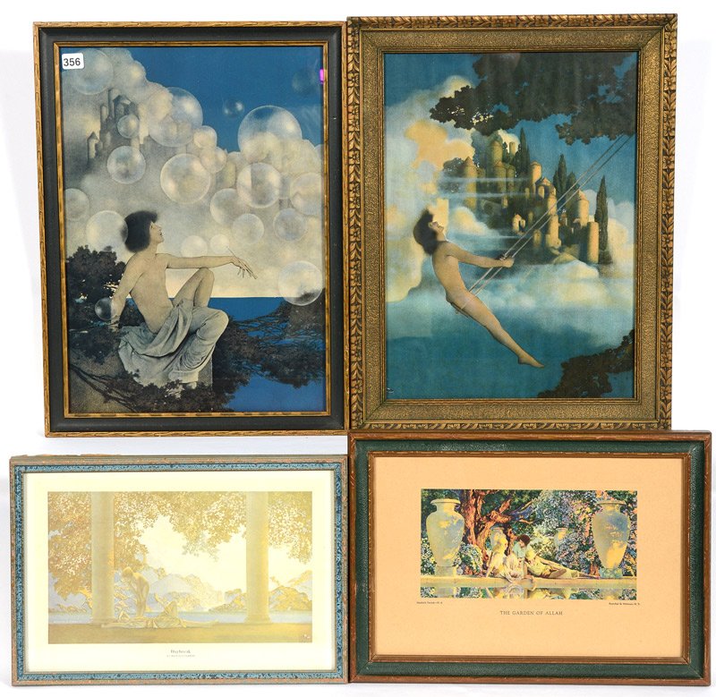 (4) FRAMED MAXFIELD PARRISH PRINTS: (4) FRAMED MAXFIELD PARRISH PRINTS (1) 17 1/2" X 13" FOREVER BLOWING BUBBLES - (1) 17 1/2" X 13" DINKY BIRD - (1) 9 1/2" X 13 1/2" GARDEN OF ALLAH - (1) 8 1/2" X 12 1/2" DAYBREAK