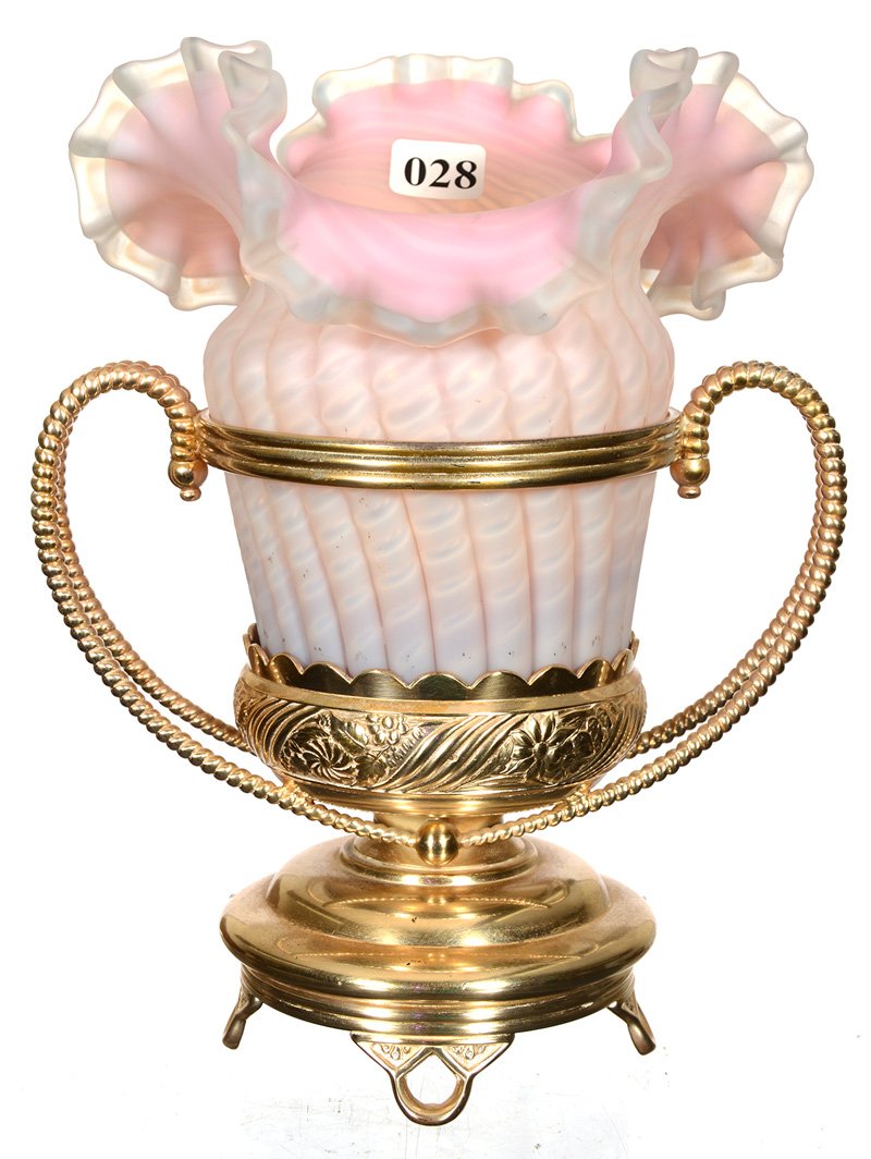 9" ART GLASS SATIN CELERY VASE SET ON PAIRPOINT: 9" HOBBS ART GLASS SATIN CELERY VASE SET ON PAIRPOINT SILVERPLATE BASE RIBBED SWIRL DESIGN WITH PALE PINK SHADING TO DARKER COLORING - ATTRIBUTED TO STEVENS AND WILLIAMS