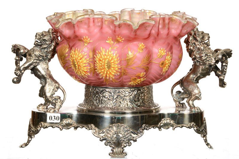 FANTASTIC 9 1/2" X 14 1/2" RAMPANT LION BRIDES BASKET: FANTASTIC 9 1/2" X 14 1/2" RAMPANT LION BRIDES BASKET MELON PINK SATIN HERRINGBONE ART GLASS BOWL WITH GREEN SATIN INTERIOR - HEAVY ENAMEL DECOR OF SUNFLOWERS - SET ON MERIDEN #01556 RAMPANT LION BASE