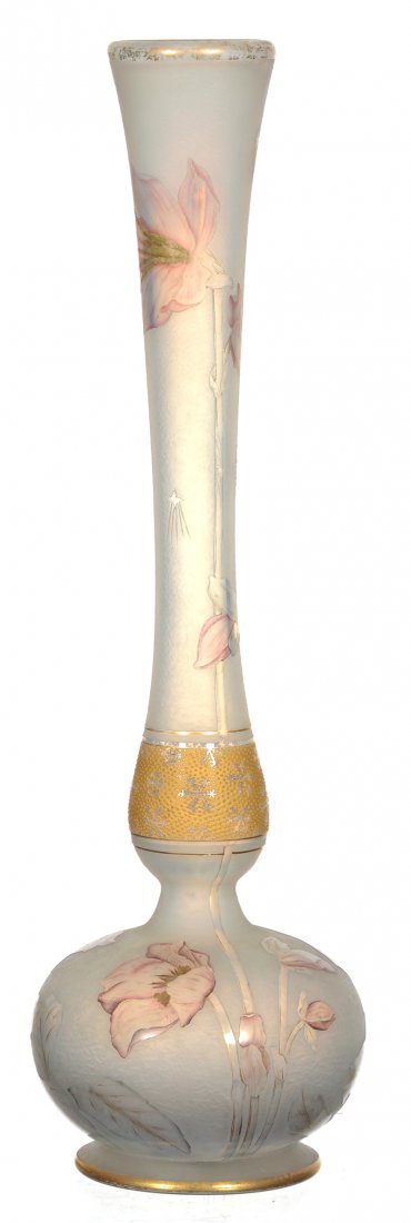 18 3/4" SIGNED DAUM NANCY FRENCH CAMEO ART GLASS VASE: 18 3/4" SIGNED DAUM NANCY FRENCH CAMEO ART GLASS VASE FINE QUALITY FROSTED WHITE AND LAVENDER OPAQUE BACKGROUND WITH CAMEO CARVED FLORAL DECOR - GOLD SNOWFLAKE BAND NEAR BASE