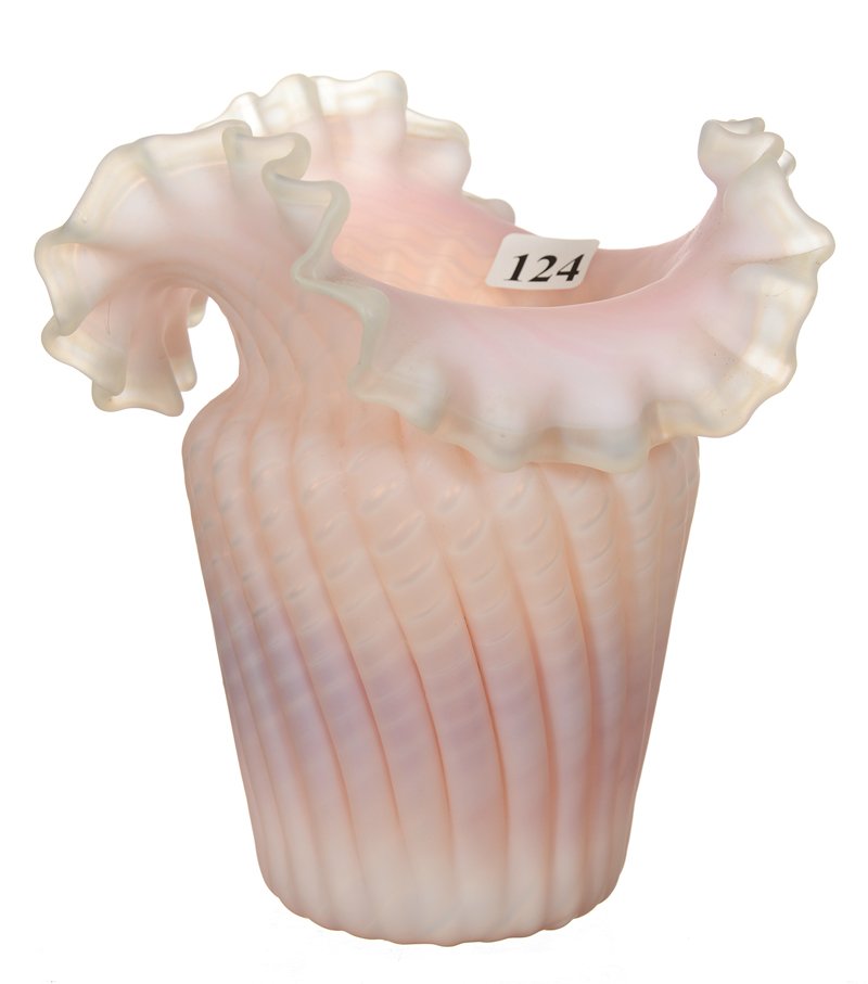 6 1/2" PINK SATIN OPALESCENT RIBBED SWIRL ART: 6 1/2" HOBBS PINK SATIN OPALESCENT RIBBED SWIRL ART GLASS VASE NICE COLORING WITH PALE PINK SHADING TO DARKER - ATTRIBUTED TO STEVENS AND WILLIAMS
