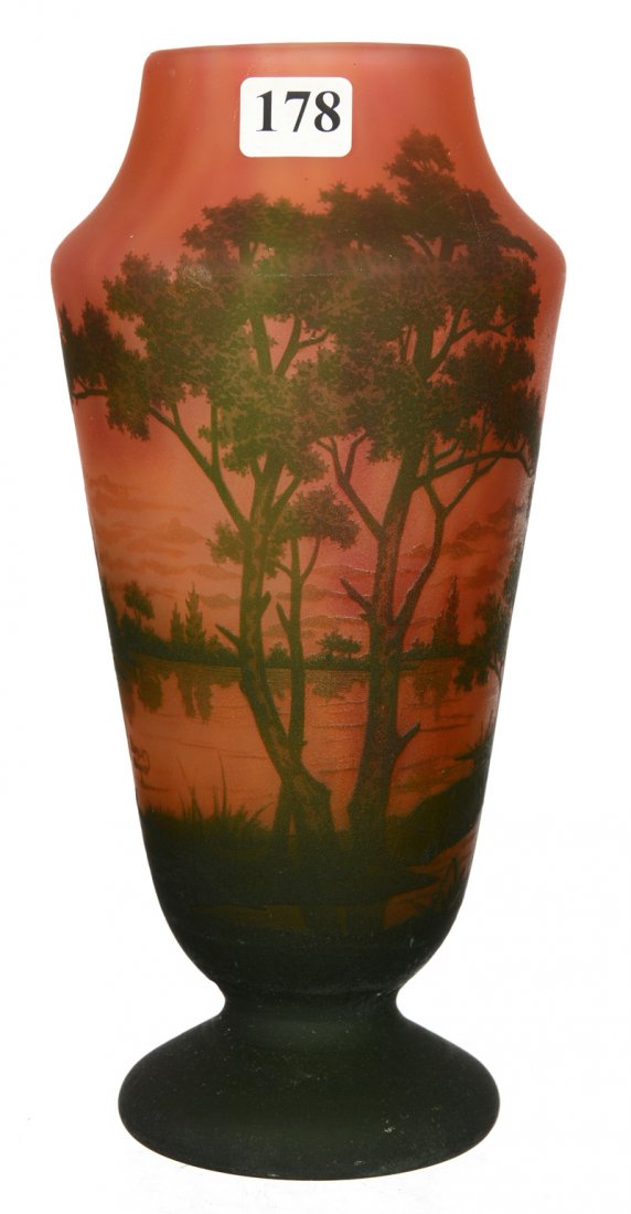9 1/4" SIGNED DAUM NANCY FRENCH CAMEO ART GLASS VASE: 9 1/4" SIGNED DAUM NANCY FRENCH CAMEO ART GLASS VASE CAMEO CARVED SUNSET TREE AND LAKE SCENIC DECOR