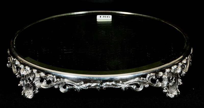 2" X 10" MIRROR PLATEAU: 2" X 10" MIRROR PLATEAU SILVERPLATE FOOTED FRAME
