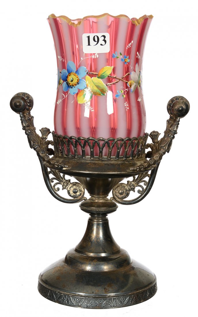 9 1/2" PEDESTAL CELERY: 9 1/2" PEDESTAL CELERY WONDERFUL STRIPED CRANBERRY OPALESCENT INSERT WITH ENAMEL FLORAL DECOR - SET ON TUFTS SILVERPLATE STAND