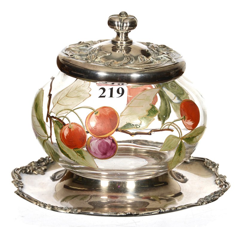 5" X 6" MT. WASHINGTON "NAPOLI" ART GLASS PICKLE JAR: 5" X 6" MT. WASHINGTON "NAPOLI" ART GLASS PICKLE JAR CLEAR BODY FEATURING CHERRY BRANCH DECOR - SET ON FINE PAIRPOINT BASE - VERY NICE