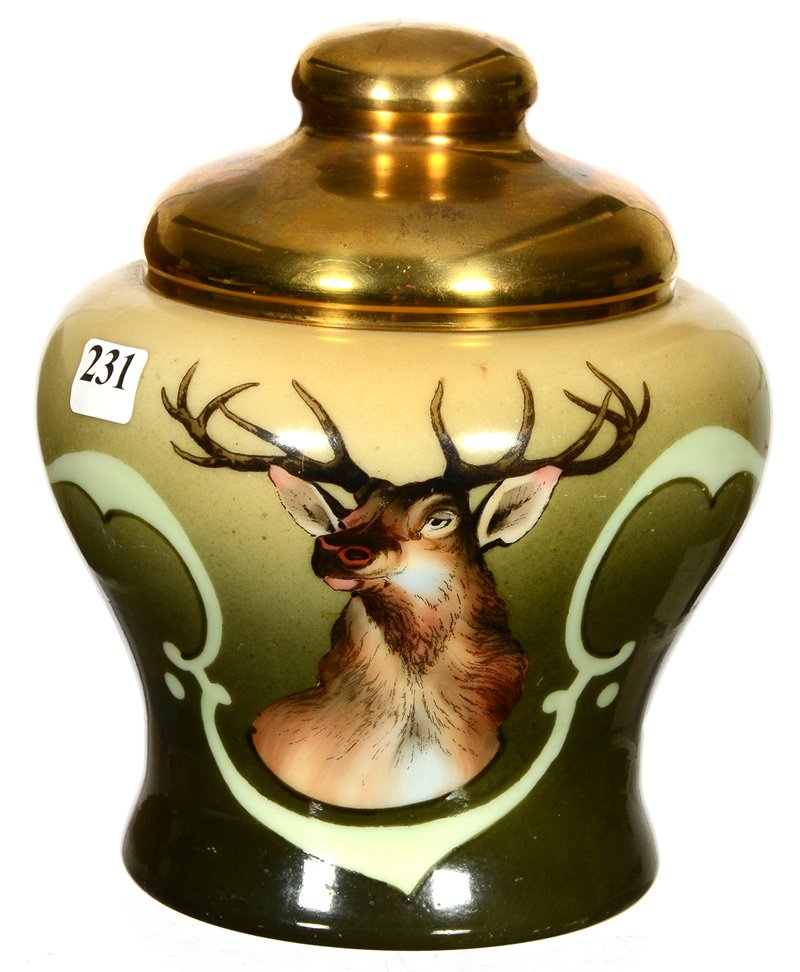 7 1/2" MARKED NAKARA HUMIDOR: 7 1/2" MARKED NAKARA HUMIDOR GREEN WITH ELK SCENIC DECOR - BRASS LID
