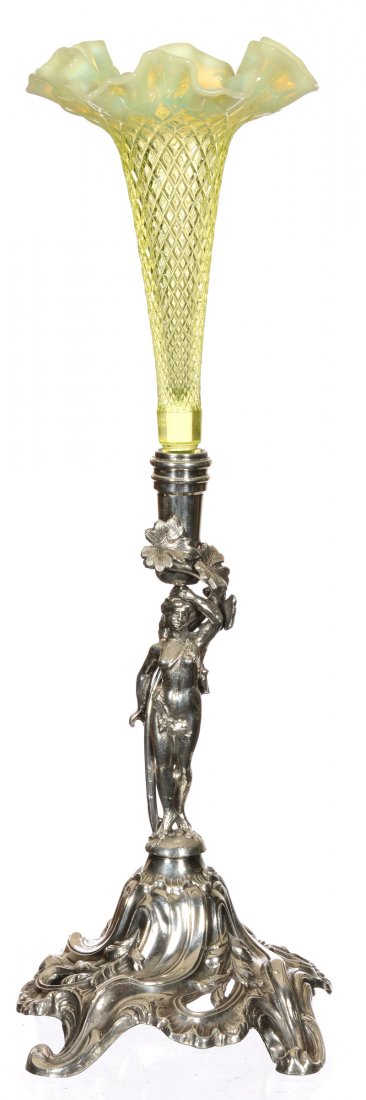 16" VASELINE EPERGNE SET ON FIGURAL SILVERPLATE BASE: 16" VASELINE EPERGNE SET ON FIGURAL SILVERPLATE BASE PROBABLY A MARRIAGE