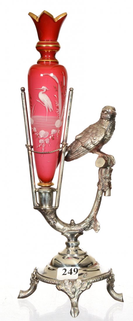WONDERFUL 12" BUD VASE ON STAND: WONDERFUL 12" BUD VASE ON STAND CRANBERRY ART GLASS VASE WITH ENAMEL STORK DECOR - SET IN ELABORATE WILCOX SILVERPLATE FRAME FEATURING BIRD ON PERCH
