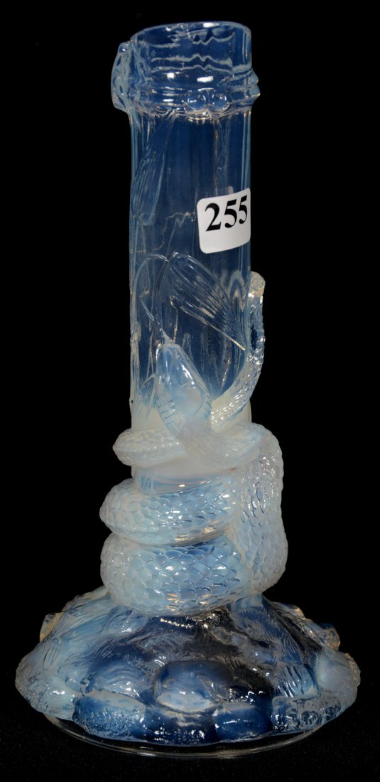 RARE 8 1/4" MARKED BACCARAT WHITE OPALESCENT ART GLASS: RARE 8 1/4" MARKED BACCARAT WHITE OPALESCENT ART GLASS FIGURAL BUD VASE SNAKE WRAPPED AROUND VASE IN PURSUIT OF BEETLE - VERY NICE