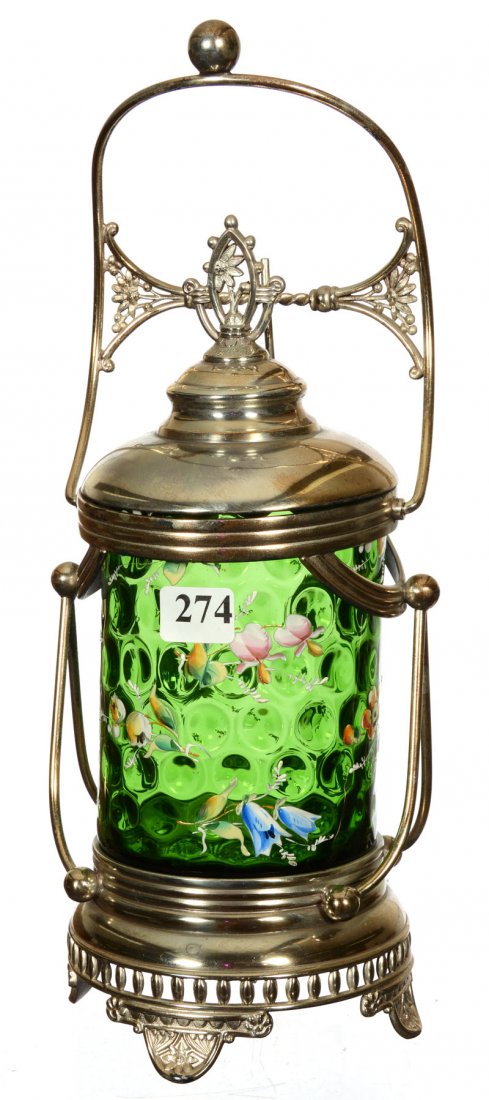 11 1/2" PICKLE CASTOR: 11 1/2" PICKLE CASTOR GREEN COINSPOT ART GLASS INSERT WITH SCATTERED ENAMEL FLORAL DECOR - SET ON MARKED PAIRPOINT SILVERPLATE MECHANICAL FRAME