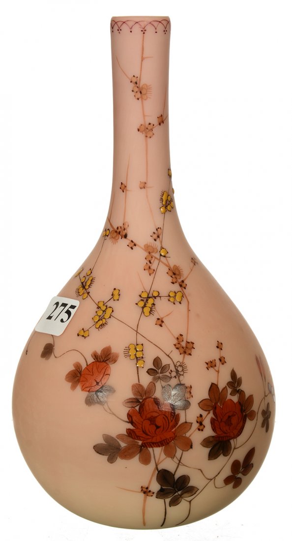 8" MARKED THOMAS WEBB "QUEENS BURMESE" DECORATED VASE: 8" MARKED THOMAS WEBB "QUEENS BURMESE" DECORATED VASE