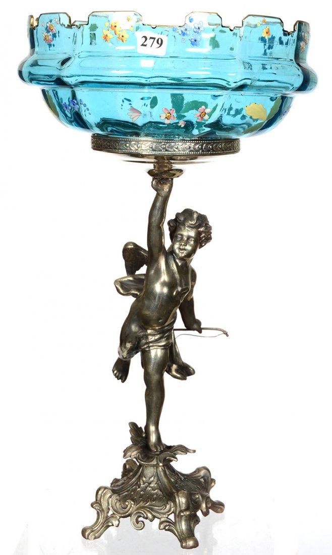 18" X 9 1/2" BRIDES BASKET: 18" X 9 1/2" BRIDES BASKET BLUE ART GLASS CASTLE BORDER BOWL WITH ENAMEL FLORAL DECOR - SET ON FIGURAL SILVERPLATE STAND FEATURING CHERUB HOLDING BOW AND BOWL - BOWL HAS PROFESSIONALLY POLISHED RIM