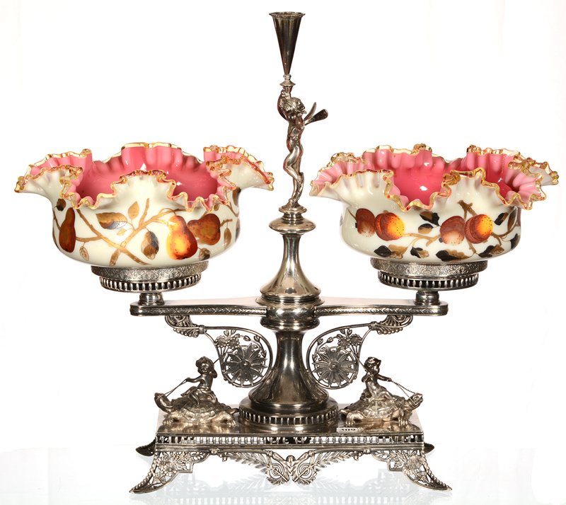 WONDERFUL 19 1/2" X 22" DOUBLE BRIDES BASKET: WONDERFUL 19 1/2" X 22" DOUBLE BRIDES BASKET PAIR CASED ART GLASS RUFFLED BOWLS WITH ENAMEL PEAR BRANCH DECOR - WHITE EXTERIOR WITH PINK INTERIOR - SET ON ELABORATE PAIRPOINT FRAME FEATURING CHERUBS R