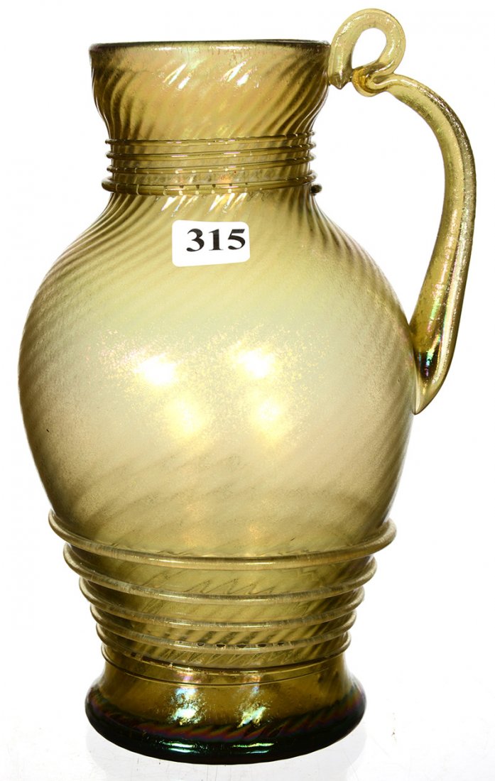 9 3/4" GOLD IRIDESCENT HANDLED JUG WITH APPLIED: 9 3/4" GOLD IRIDESCENT HANDLED JUG WITH APPLIED THREADED HIGHLIGHTS POLISHED PONTIL - FAKE LCT MARK