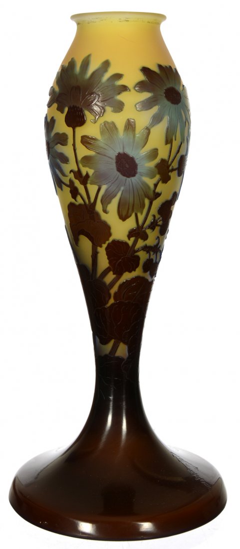 11 1/4" SIGNED GALLE FRENCH CAMEO ART GLASS LAMP BASE: 11 1/4" SIGNED GALLE FRENCH CAMEO ART GLASS LAMP BASE YELLOW BACKGROUND WITH CAMEO CARVED BLUE AND LAVENDER FLORAL OVERLAY