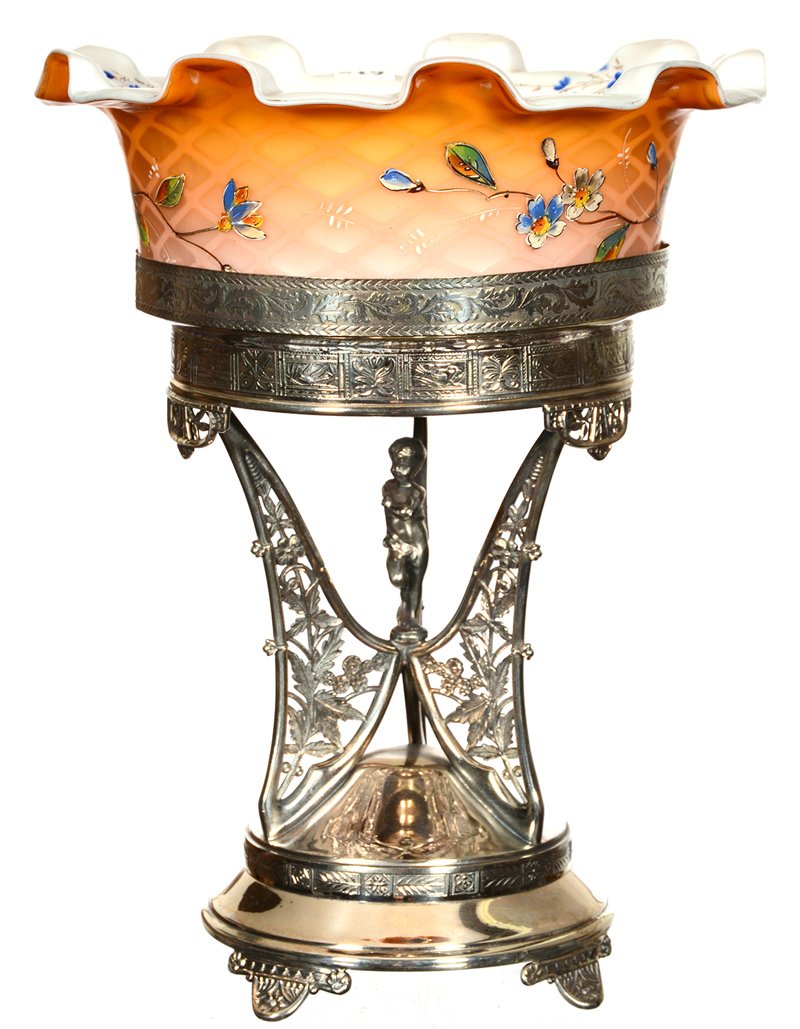 12 3/4" X 9 3/4" BRIDES BASKET: 12 3/4" X 9 3/4" BRIDES BASKET APRICOT SATIN MOTHER OF PEARL DIAMOND QUILTED RUFFLED ART GLASS BOWL WITH ENAMEL FLORAL DECOR AND WHITE INTERIOR - SET ON MARKED PAIRPOINT SILVERPLATE STAND