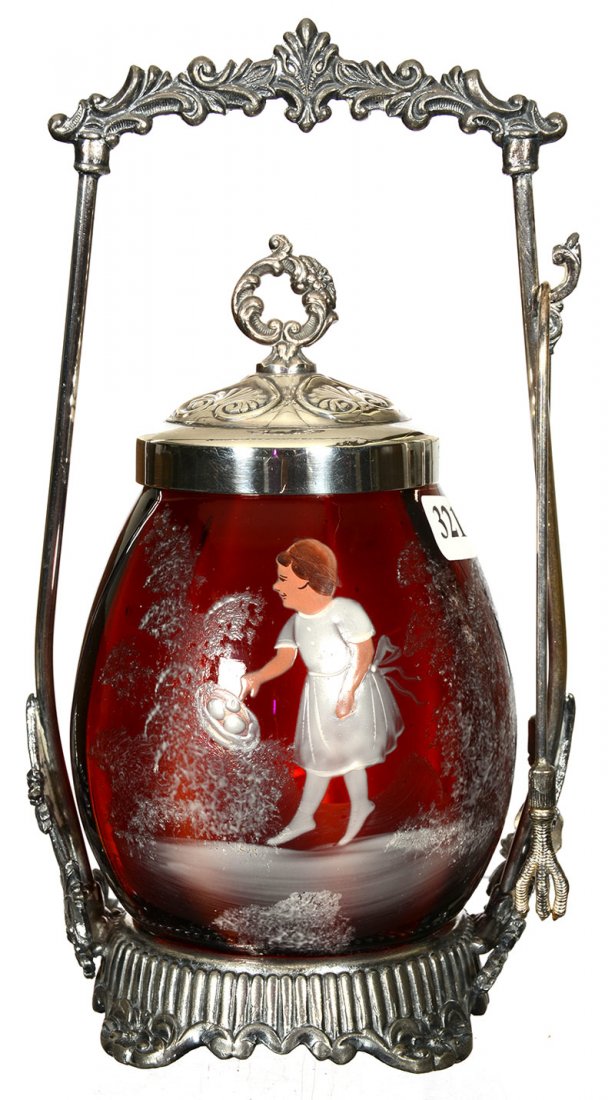 9" PICKLE CASTOR: 9" PICKLE CASTOR DEEP CRANBERRY AND AMBER STRIPED ART GLASS INSERT WITH MARY GREGORY SCENIC DECOR - SET ON SILVERPLATE FRAME