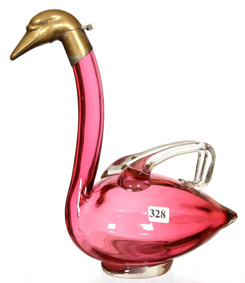 11" X 10" CRANBERRY ART GLASS FIGURAL SWAN DECANTER: 11" X 10" CRANBERRY ART GLASS FIGURAL SWAN DECANTER FIGURAL BRASS FLIP HEAD IS MARKED AUSTRIA
