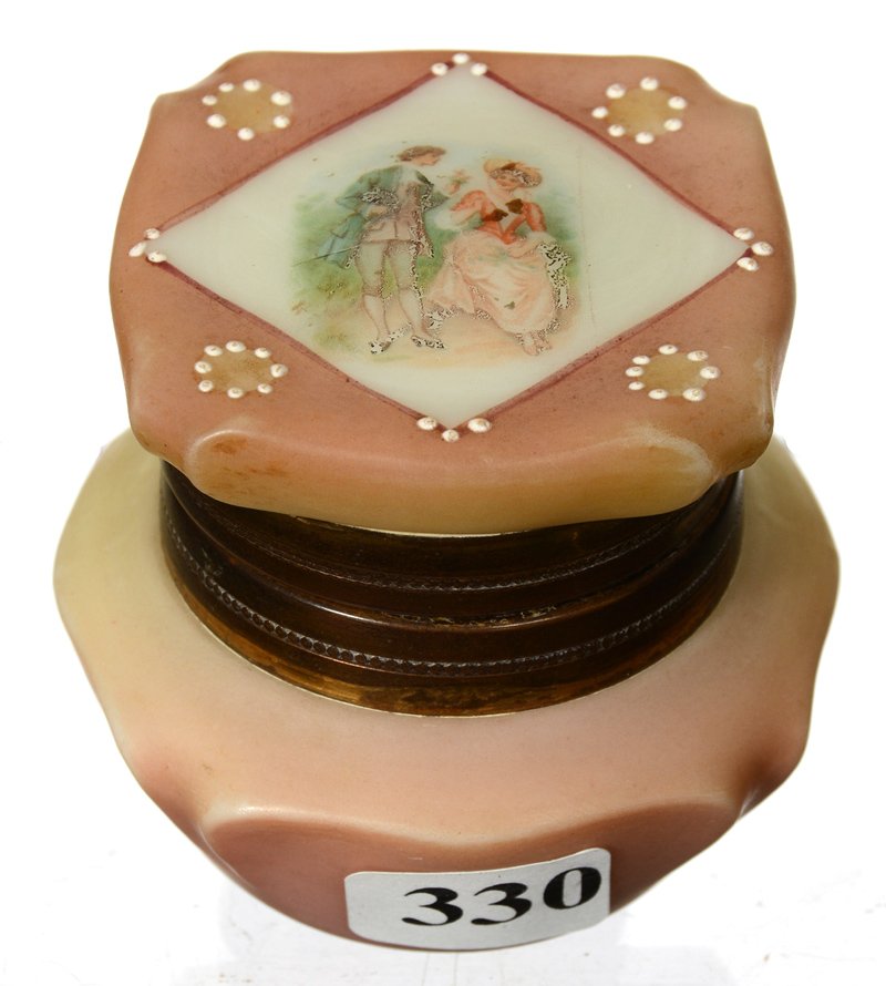 2 1/2" X 2 1/2" MARKED NAKARA SQUARE HINGED RING BOX: 2 1/2" X 2 1/2" MARKED NAKARA SQUARE HINGED RING BOX ORANGE AND YELLOW TONES WITH COURTING SCENE DECOR