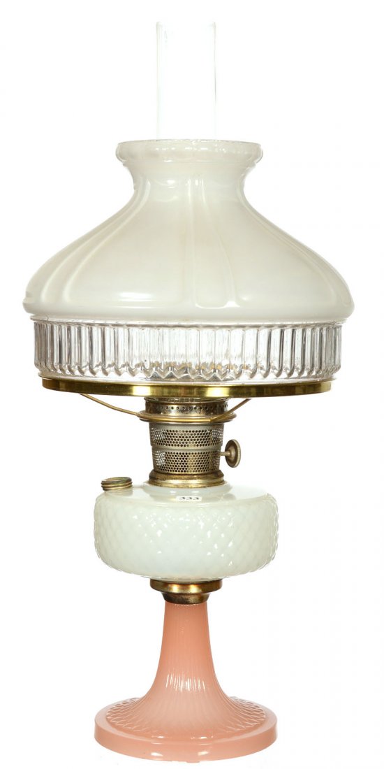 20 1/2" ALADDIN KEROSENE GLASS LAMP: 20 1/2" ALADDIN KEROSENE GLASS LAMP MOONSTONE QUILT PATTERN FONT ON PINK BASE - INCLUDES SHADE RING WITH FROSTED SHADE AND ALADDIN CHIMNEY