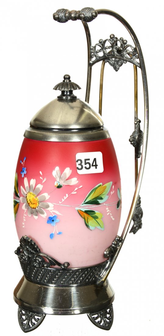 9 3/4" PICKLE CASTOR: 9 3/4" PICKLE CASTOR PINK SATIN EGG SHAPED ART GLASS INSERT WITH ENAMEL FLORAL DECOR - SET ON TUFTS SILVERPLATE FRAME