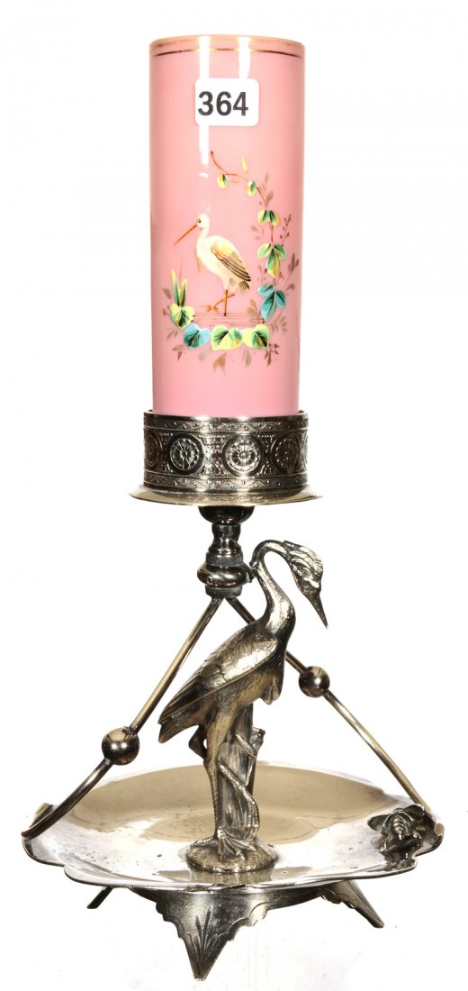 13" VICTORIAN ART GLASS VASE ON FIGURAL STAND: 13" VICTORIAN ART GLASS VASE ON FIGURAL STAND PINK SMITH BROTHERS CYLINDER VASE WITH ENAMEL STORK DECOR - SET ON MERIDEN SILVERPLATE STAND FEATURING FULL FIGURE STORK STALKING LARGE INSECT - TINY RIM 