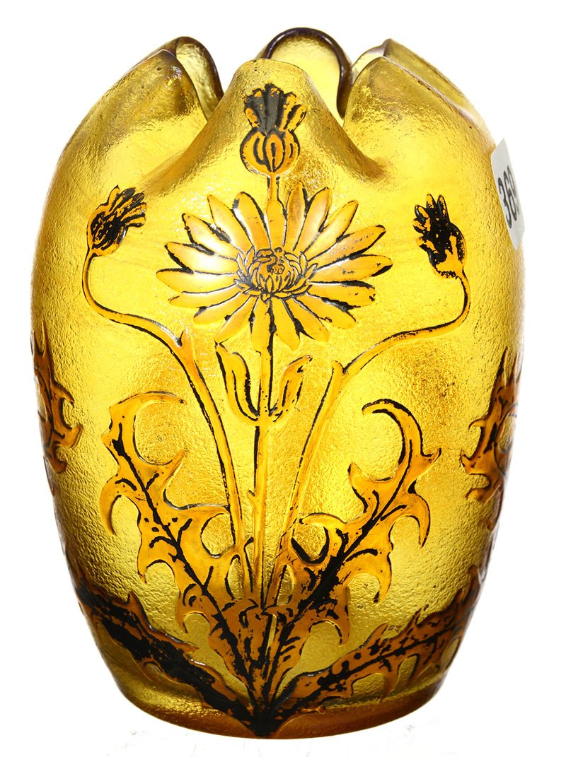4 1/2" UNMARKED ART GLASS EGG SHAPED VASE: 4 1/2" UNMARKED ART GLASS EGG SHAPED VASE GOLD IRIDESCENT TEXTURED BACKGROUND WITH SUNFLOWER RELIEF - DOES HAVE SILVER HIGHLIGHTS
