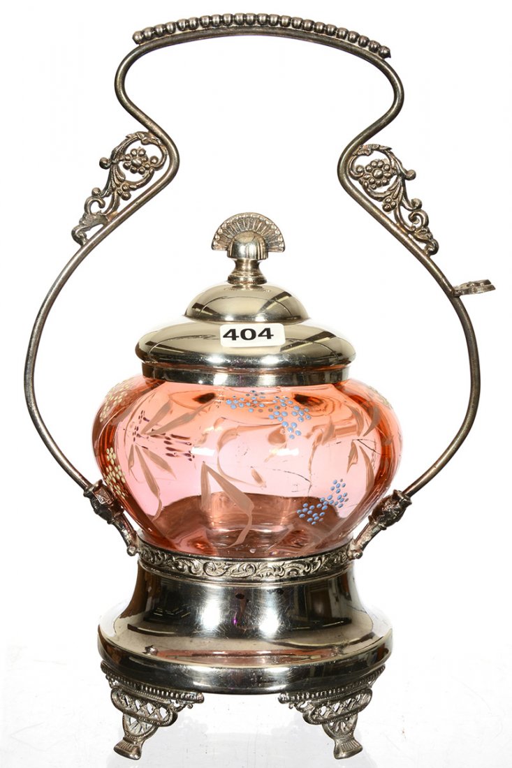 10 1/4" PICKLE CASTOR: 10 1/4" PICKLE CASTOR PALE APRICOT ART GLASS SQUAT INSERT WITH ENAMEL FLORAL HIGHLIGHTS - SET ON P.S. COMPANY (ANCHOR MARK) SILVERPLATE FRAME