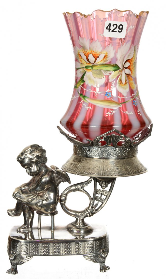 10 1/4" CELERY VASE ON STAND: 10 1/4" CELERY VASE ON STAND WONDERFUL CRANBERRY OPALESCENT ART GLASS CORSET SHAPED INSERT WITH ENAMEL FLORAL DECOR - SET ON MARKED PAIRPOINT SILVERPLATE STAND FEATURING CHERUB SEATED ON STOOL - EXTRA