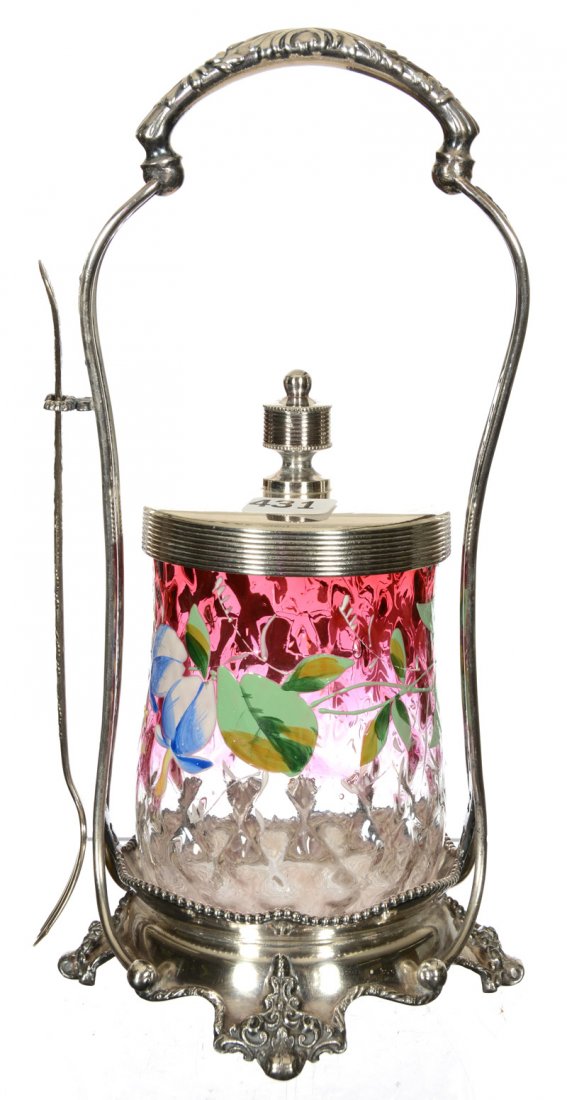 10" PICKLE CASTOR: 10" PICKLE CASTOR RUBINA ART GLASS DIAMOND QUILTED INSERT WITH ENAMEL FLORAL DECOR - SET ON ROGERS SMITH AND COMPANY SILVERPLATE FRAME