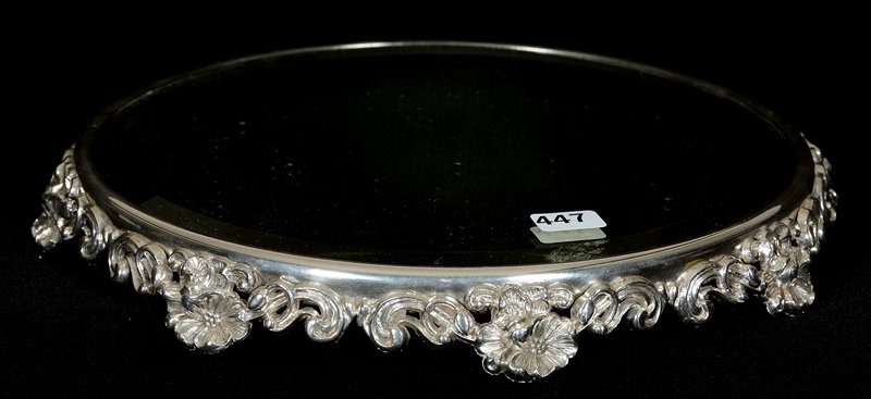 10 1/2" BEVELED MIRROR PLATEAU WITH EMBOSSED FLORAL: 10 1/2" BEVELED MIRROR PLATEAU WITH EMBOSSED FLORAL SILVER FRAME