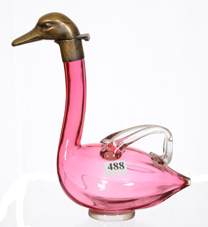 8 1/2" BRASS AND CRANBERRY ART GLASS FIGURAL SWAN: 8 1/2" BRASS AND CRANBERRY ART GLASS FIGURAL SWAN DECANTER CRANBERRY GLASS WITH APPLIED CLEAR GLASS WINGS - BRASS FIGURAL HEAD AND COLLAR - MARKED "AUSTRIA"