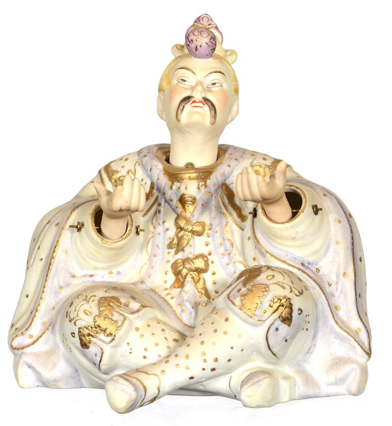 RARE 6 1/2" X 6 1/2" JAPANESE BISQUE "NODDER" FIGURE: RARE 6 1/2" X 6 1/2" JAPANESE BISQUE "NODDER" FIGURE SEATED MAN IN CLASSIC ROBES JUGGLING BALLS - HEAD MOVES SIDE TO SIDE - HANDS MOVE UP AND DOWN