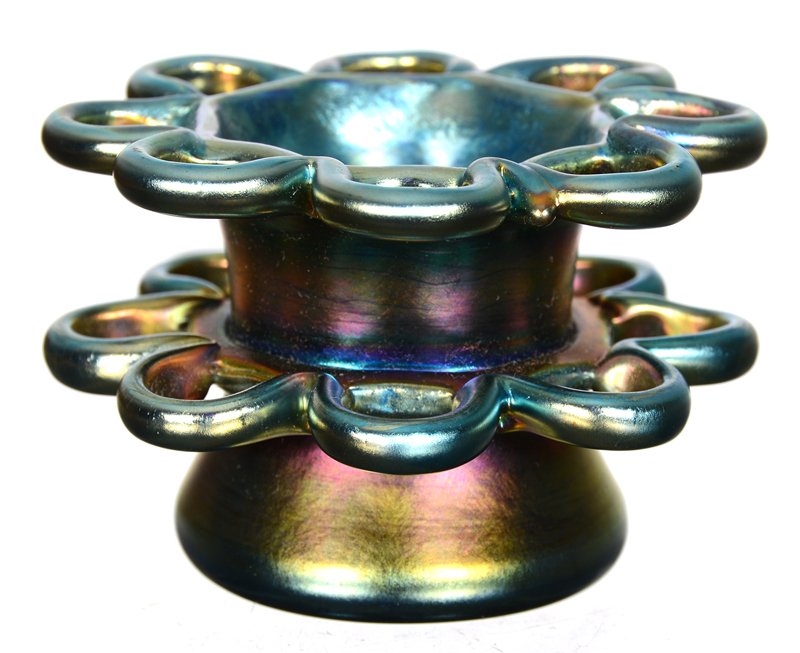 2" X 3" UNMARKED TIFFANY BLUE IRIDESCENT ART GLASS: 2" X 3" UNMARKED TIFFANY BLUE IRIDESCENT ART GLASS FLOWER FROG HOLE DRILLED IN BASE - 1/2" CRACK IN BASE RUNNING FROM HOLE