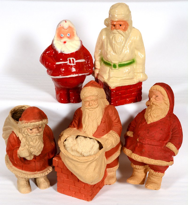 (5) VINTAGE AMERICAN PULP MOLDED SANTA CLAUS CANDY: (5) VINTAGE AMERICAN PULP MOLDED SANTA CLAUS CANDY CONTAINERS VARIOUS SHAPES - (2) WITH GLOSSY COATINGS - SIZES RANGE FROM 7 1/2" TO 10"