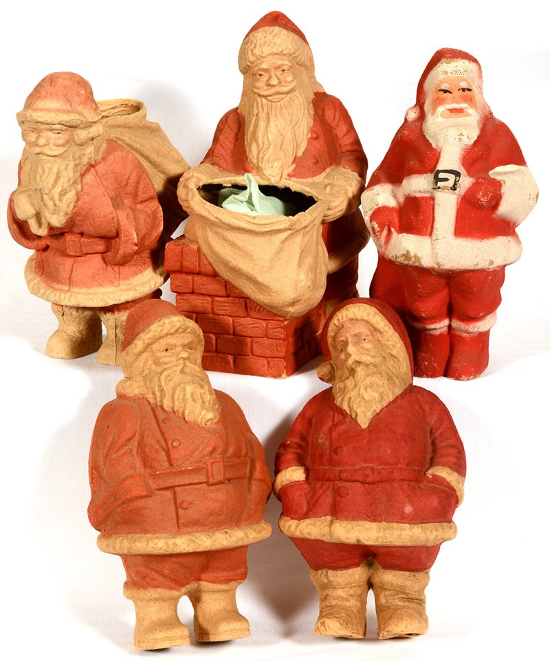 (5) VINTAGE AMERICAN PULP FIGURAL SANTA CLAUS CANDY: (5) VINTAGE AMERICAN PULP FIGURAL SANTA CLAUS CANDY CONTAINERS SIZES RANGE FROM 9" TO 10"
