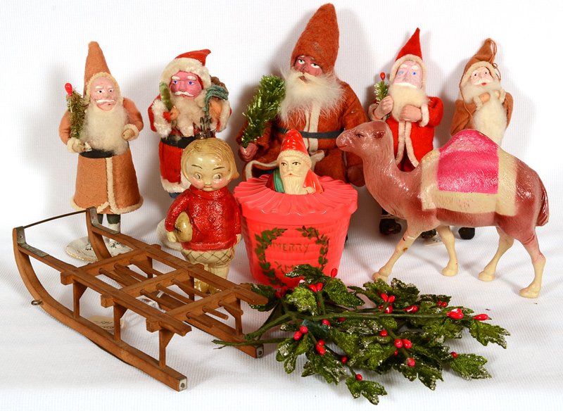 (8) MISCELLANEOUS VINTAGE CHRISTMAS ITEMS: (8) MISCELLANEOUS VINTAGE CHRISTMAS ITEMS (5) BELSNICKLE FIGURES - (1) SEATED ON GERMAN SLED - (3) CELLULOID ITEMS - AND MORE - NORMAL EXPECTED WEAR