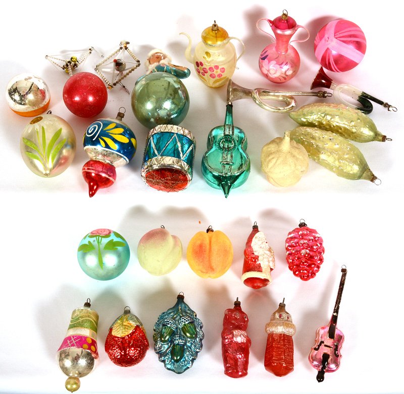 (24) VINTAGE BLOWN GLASS CHRISTMAS TREE ORNAMENTS: (24) VINTAGE BLOWN GLASS CHRISTMAS TREE ORNAMENTS EMBOSSED ACORN - SANTA CLAUS - FRUIT - INSTRUMENTS - AND MORE - NORMAL EXPECTED WEAR