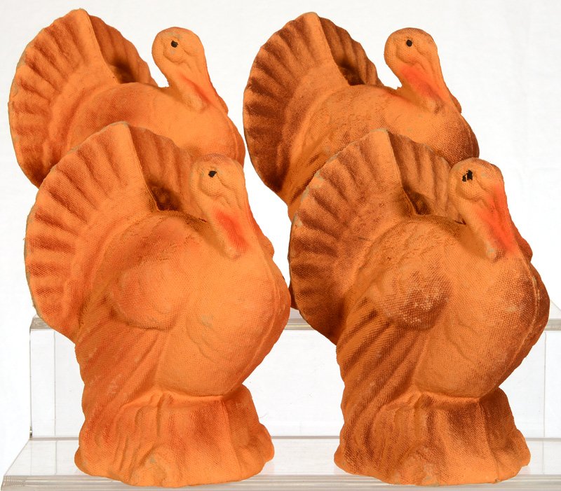 (4) VINTAGE AMERICAN PULP FIGURAL TURKEY CANDY: (4) VINTAGE AMERICAN PULP FIGURAL TURKEY CANDY CONTAINERS NORMAL EXPECTED WEAR