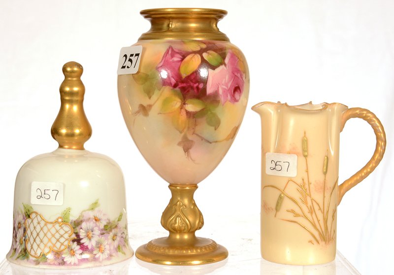 (3) PORCELAIN ITEMS: (3) PORCELAIN ITEMS (1) 5 3/4" ROYAL WORCESTER PEDESTAL VASE - (1) 4 1/2" UNMARKED BELL WITH FLORAL DECOR - (1) 3 1/2" WILLETS BELLEEK CREAMER