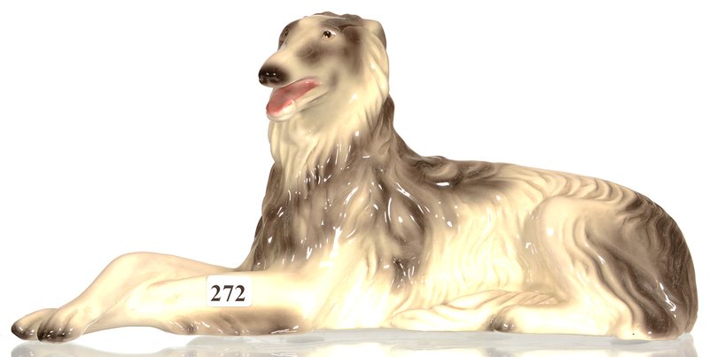6 1/2" X 13" MARKED "GOLDSCHEIDER" FIGURINE: 6 1/2" X 13" MARKED "GOLDSCHEIDER" FIGURINE GREY AND WHITE BORZOI DOG LYING WITH FRONT LEGS CROSSED