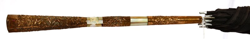 VINTAGE UMBRELLA: VINTAGE UMBRELLA GOLD ROLLED PLATE SIX-SIDED HANDLE WITH MOTHER OF PEARL INSET PANELS - ONE PANEL WITH DAMAGE