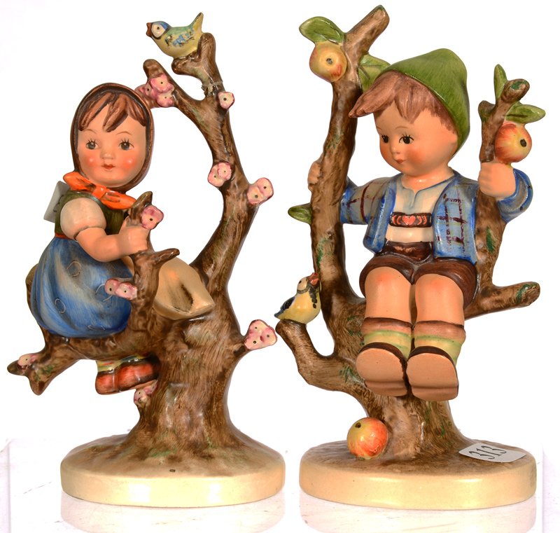 (2) HUMMEL FIGURINES WITH TMK2 VEE BEE MARKS: (2) HUMMEL FIGURINES WITH TMK2 VEE BEE MARKS (1) #141/1 APPLE TREE GIRL, tree top repair; (1) #142/1 APPLE TREE BOY